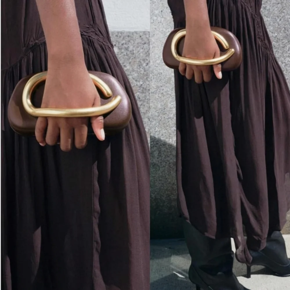 Chic Brown Bag with Metal Handle Clutch